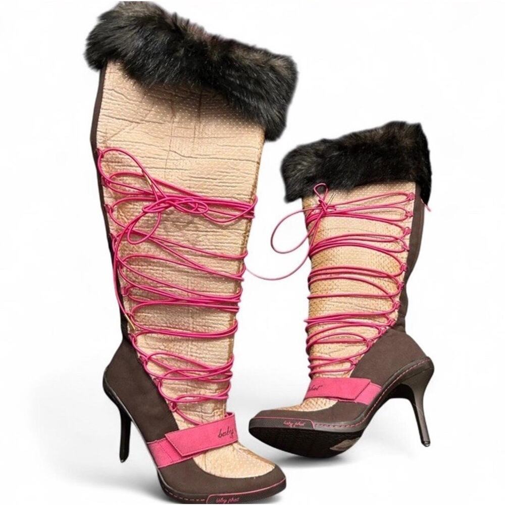 RARE Baby Phat brown and hot pink heeled boots fur trim a quilted pattern W 10